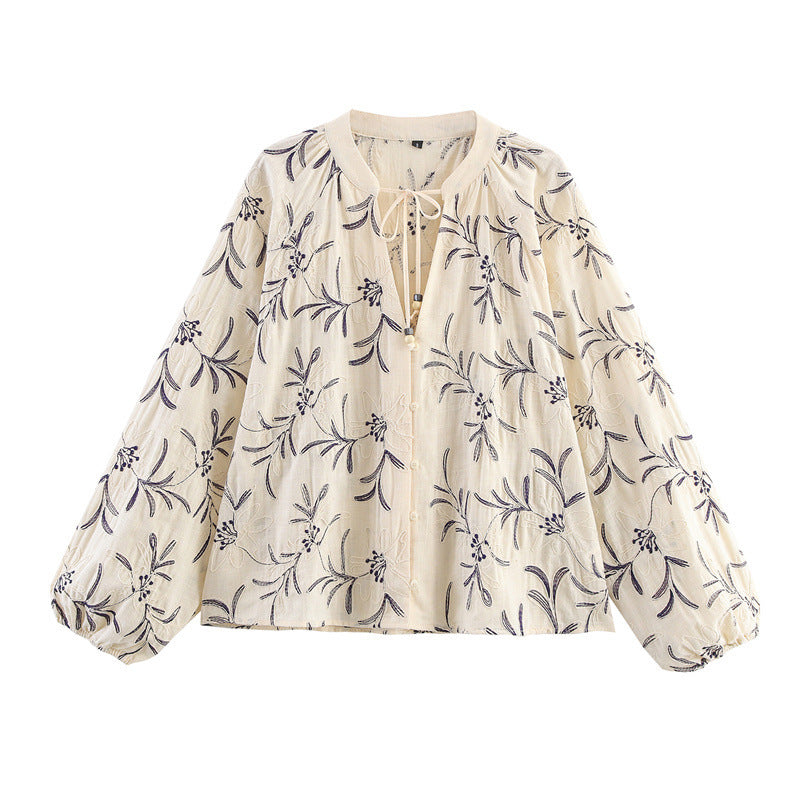 Women's Lightweight Embroidered Blouse Top with Balloon Sleeves and Tie Slit Fashion Glam