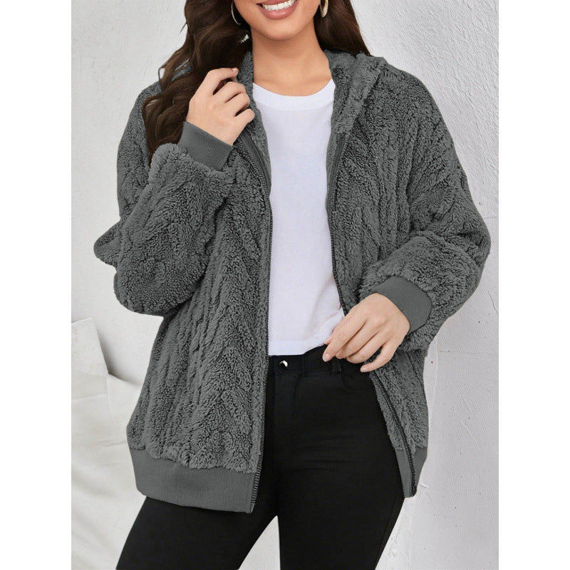 Women's Hooded Teddy Jacket with Zipper, Soft Plush and Elastic Cuff Fashion Glam