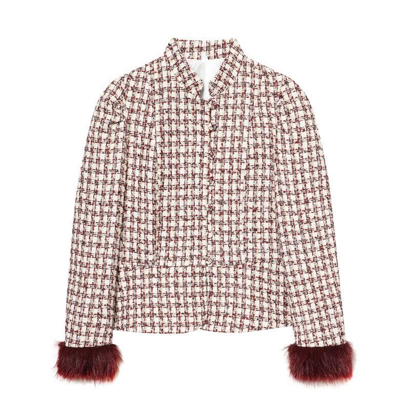 Women's Short Blazer made of Boucle Tweed with Stand-Up Collar and Faux Fur Cuffs Fashion Glam