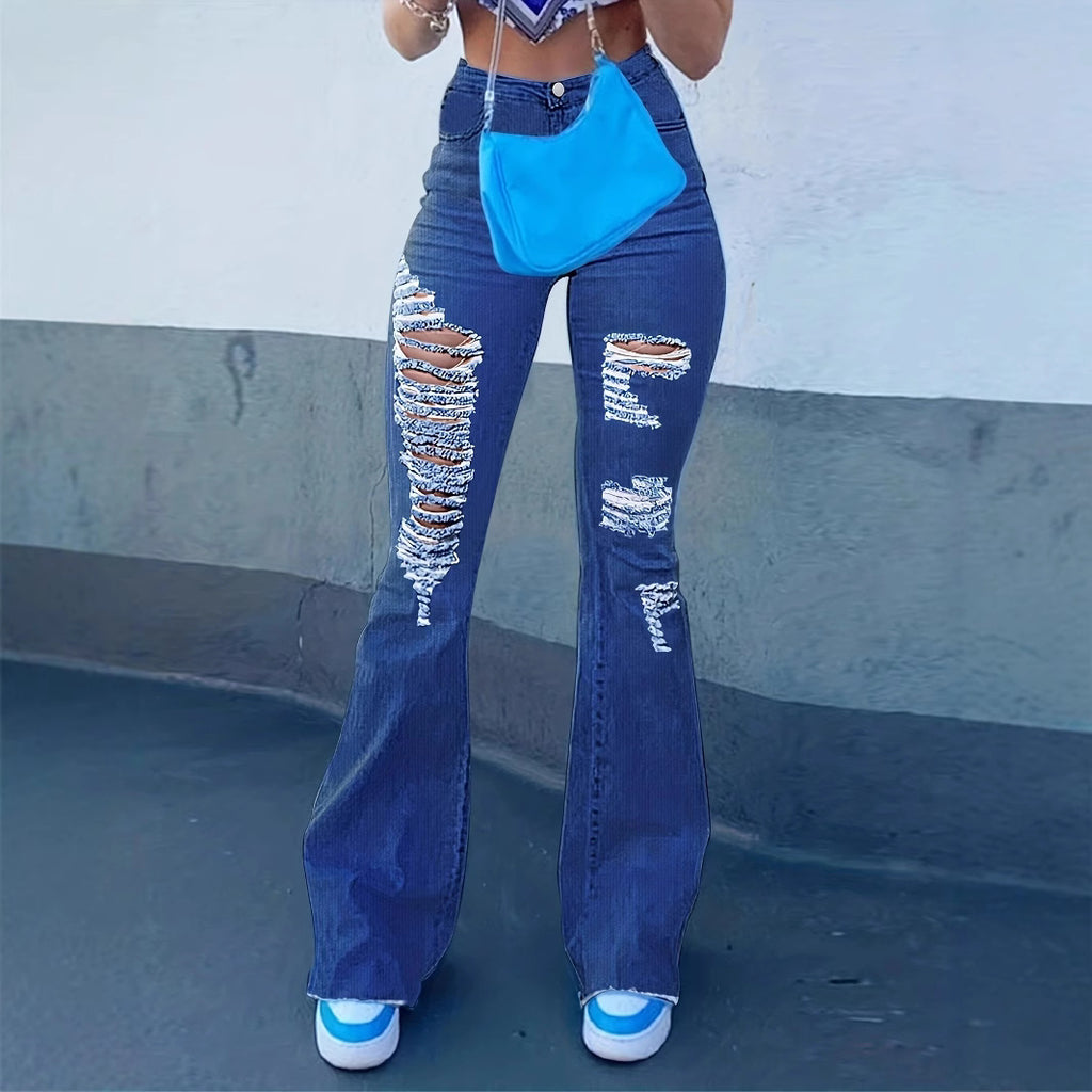 Ladies High-Waist Flared Jeans with large distressed rips and sculpting comfort waistband Fashion Glam
