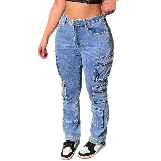 Women’s cargo denim pants with multiple flap pockets, knee panels, and high-waisted fit Fashion Glam