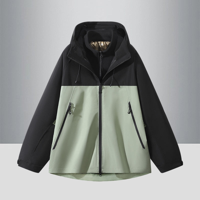 Men's Two-Tone Softshell Hybrid Jacket with Hood, Extended Back and Water-Resistant Zippers Fashion Glam