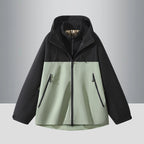 Men's Two-Tone Softshell Hybrid Jacket with Hood, Extended Back and Water-Resistant Zippers Fashion Glam