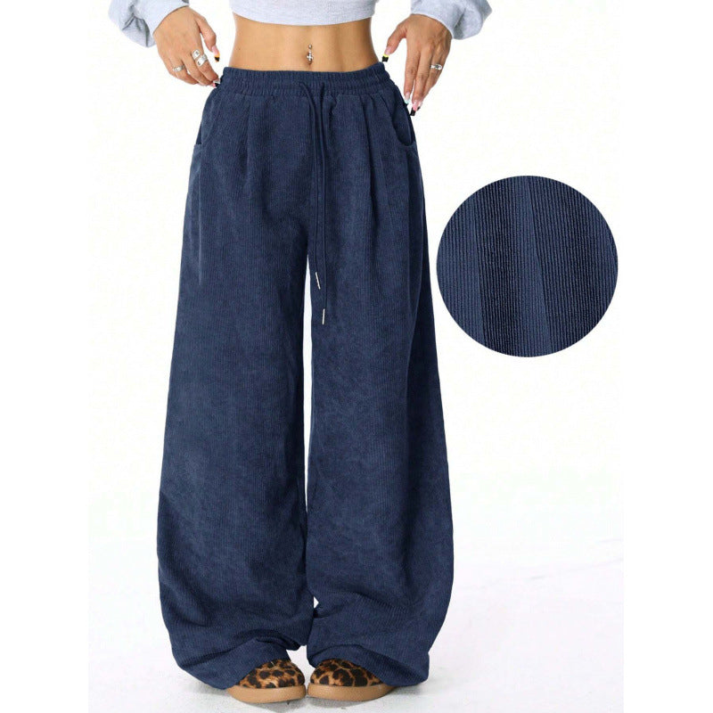 Ladies Wide Cord Pants with High Elastic Waist and Drawstring Fashion Glam