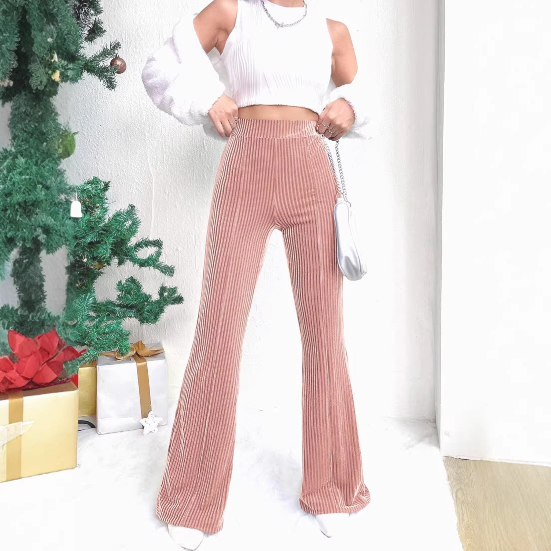 Women's High-Waisted Velvet Corduroy Pants with Pleated Look and Wide Leg Fashion Glam