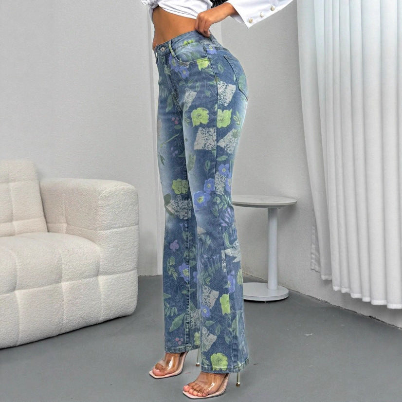 Women's High-Waisted Straight Jeans with Floral Allover Print and Slight Flare Fashion Glam