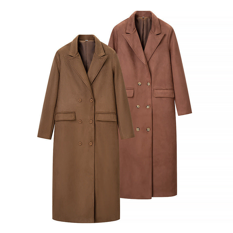Women's Long Double-Breasted Wool Blend Coat with Classic Lapels and Flap Pockets Fashion Glam