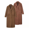 Women's Long Double-Breasted Wool Blend Coat with Classic Lapels and Flap Pockets Fashion Glam