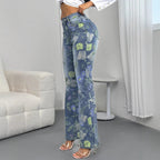 Women's High-Waisted Floral Print Denim Jeans in Light Flared-Straight Cut Fashion Glam