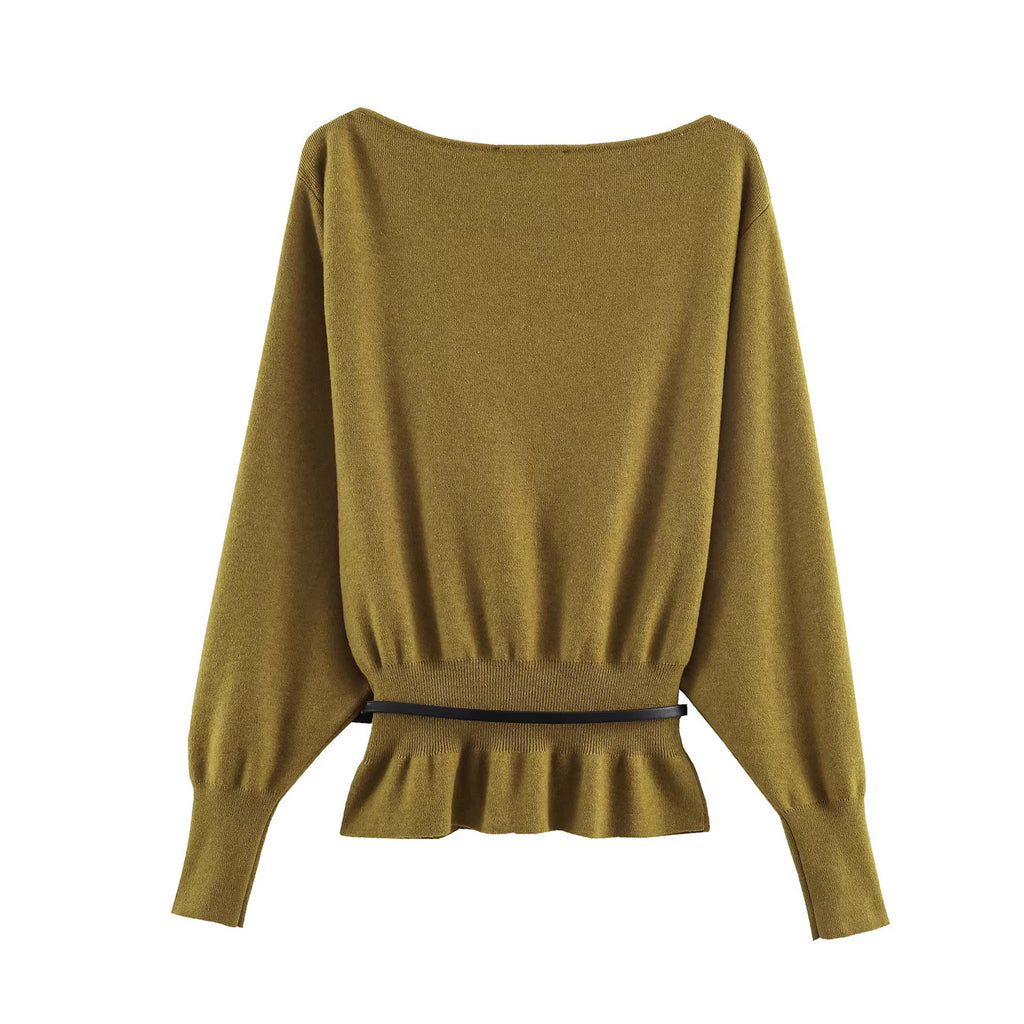 Women's Oversized Knit Sweater with Boat Neck, Batwing Sleeves, Gathered Ribbed Hem, and Waist Belt Fashion Glam