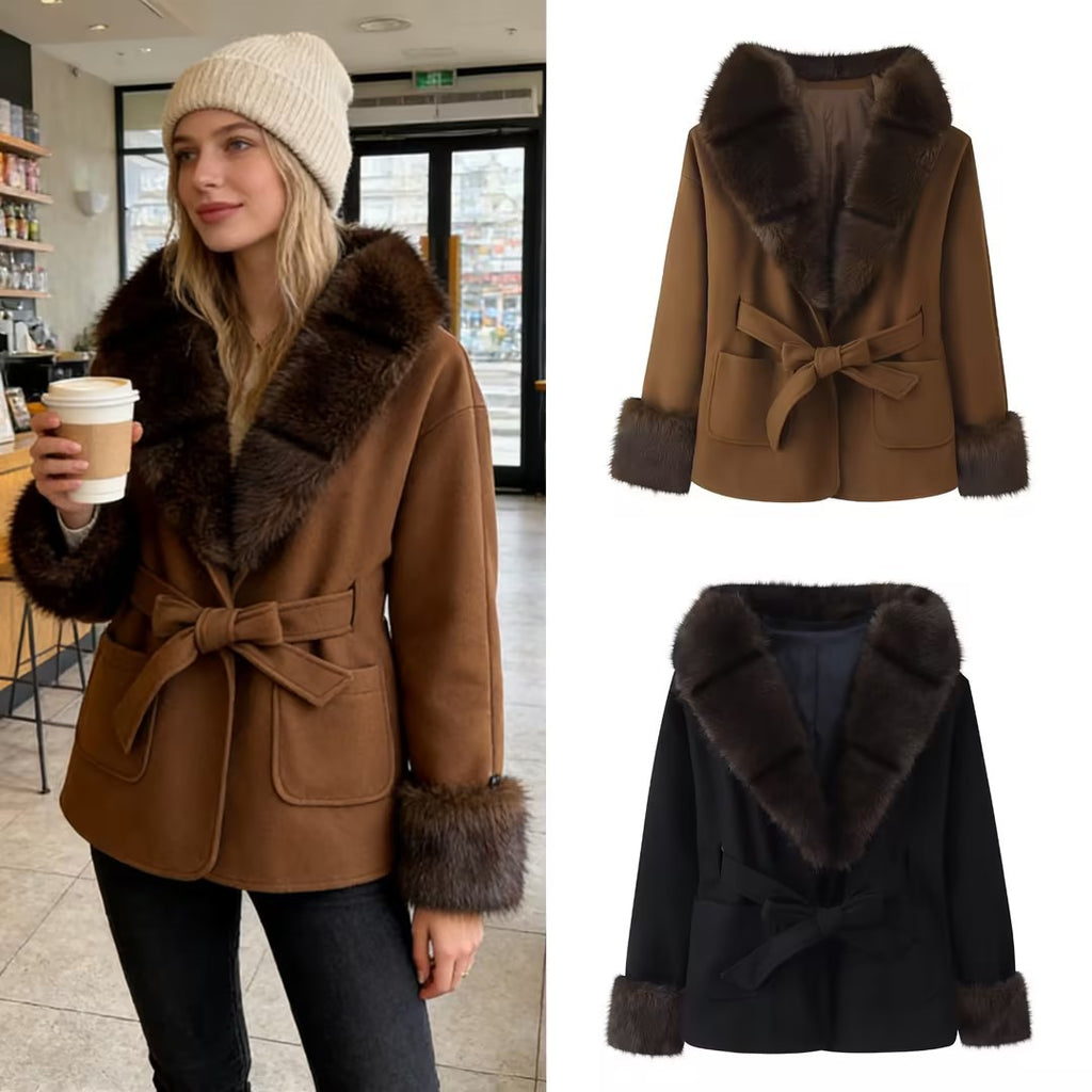 Women's Short Wool Blend Coat with Faux Fur Collar, Waist Belt and Patch Pockets Fashion Glam