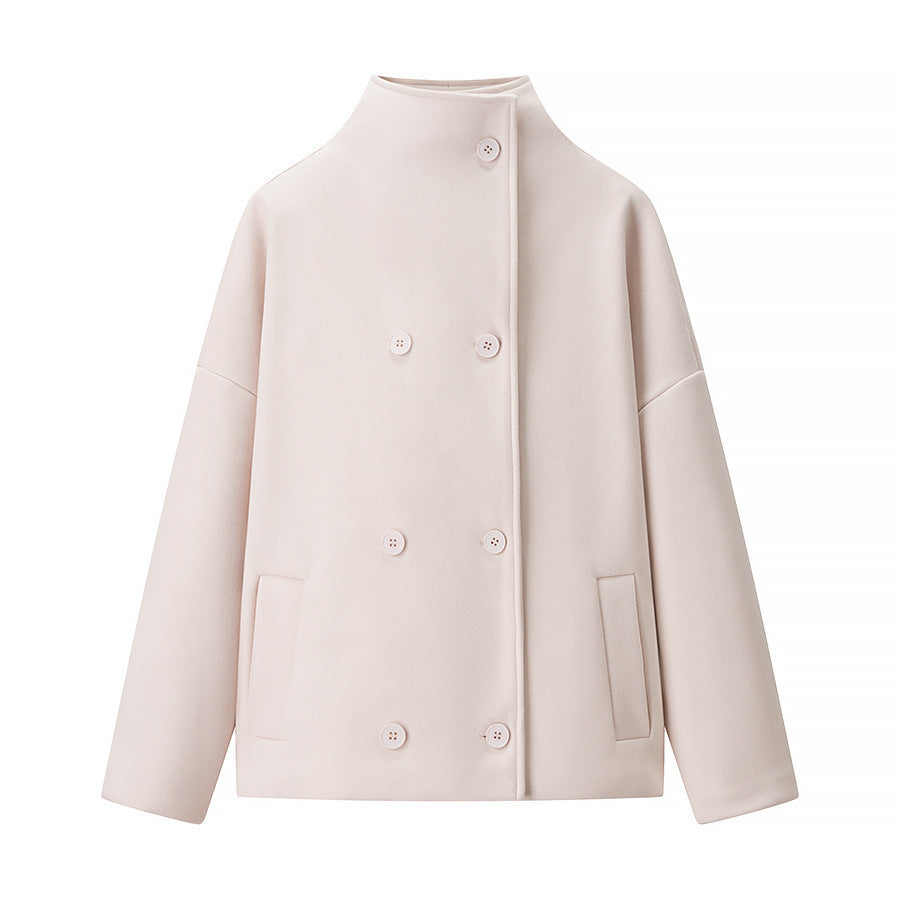 Women's Boxy Wool Blend Caban Jacket with Stand Collar and Dropped Shoulders Fashion Glam
