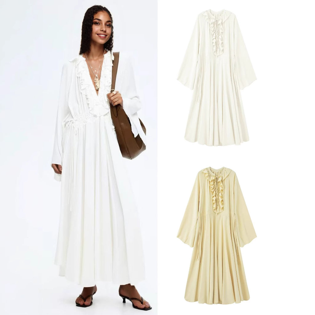 Women's maxi dress with ruffles, tie collars and wide bell sleeves Fashion Glam