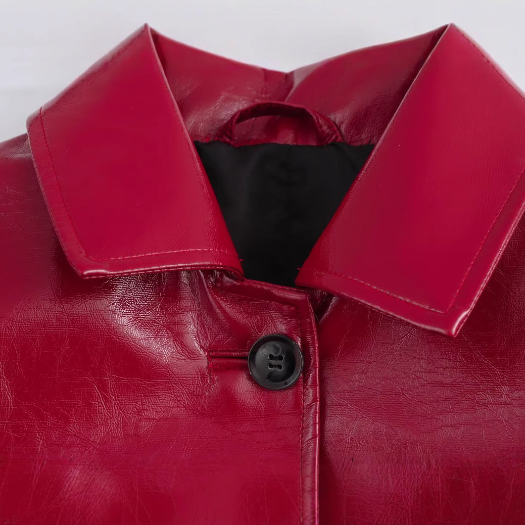 Women's Shiny Faux Leather Blouse Jacket in Boxy Cut with Shirt Collar Fashion Glam