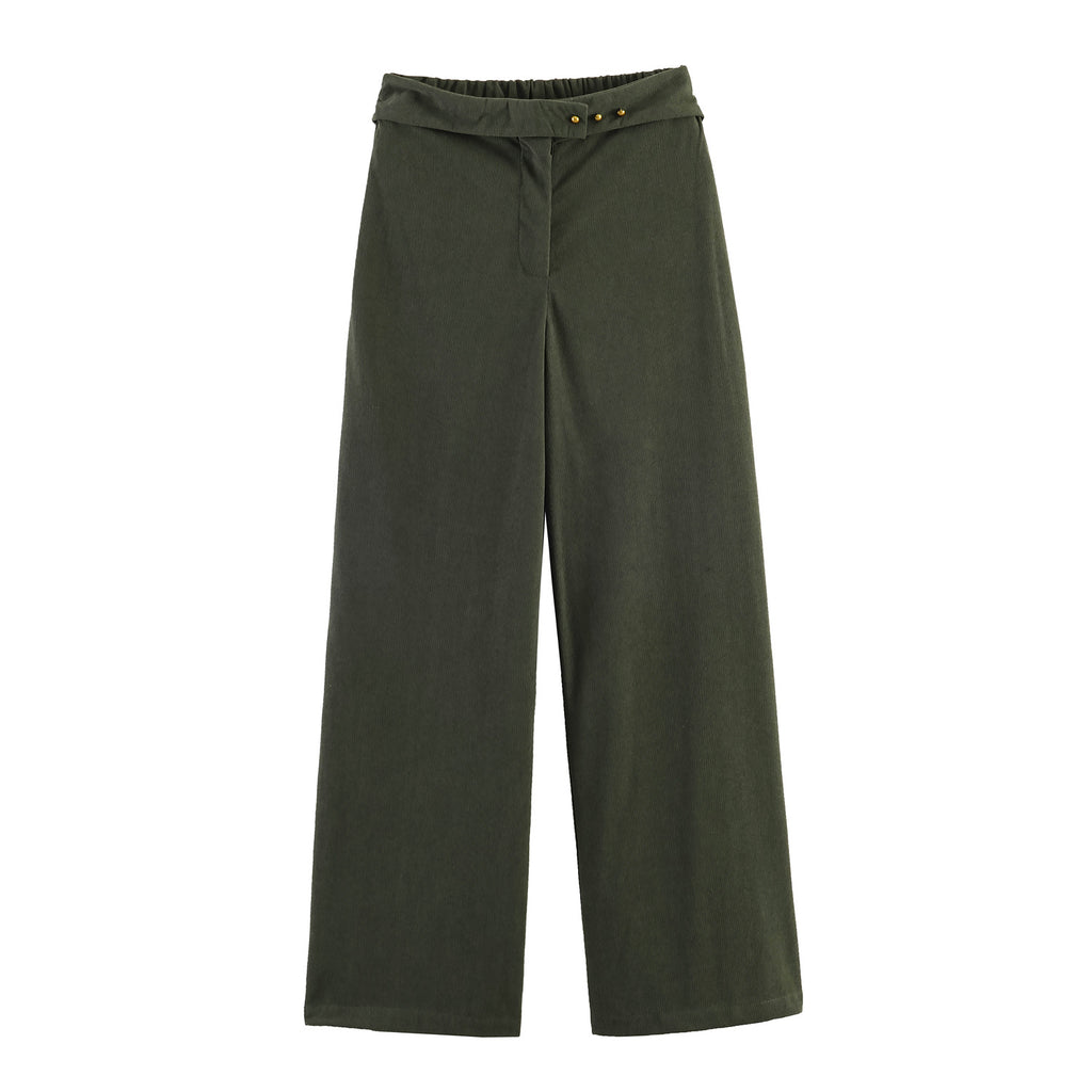Women Wide Highwaist Pants with Turned-Up Waistband and Cord Look Fashion Glam