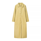 Women Long Faux Leather Coat with Full Button Placket and Panel Seams Fashion Glam
