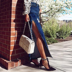 Women's Longer High-Cut Denim Maxi Skirt with Side Thigh Slit and Used Details Fashion Glam