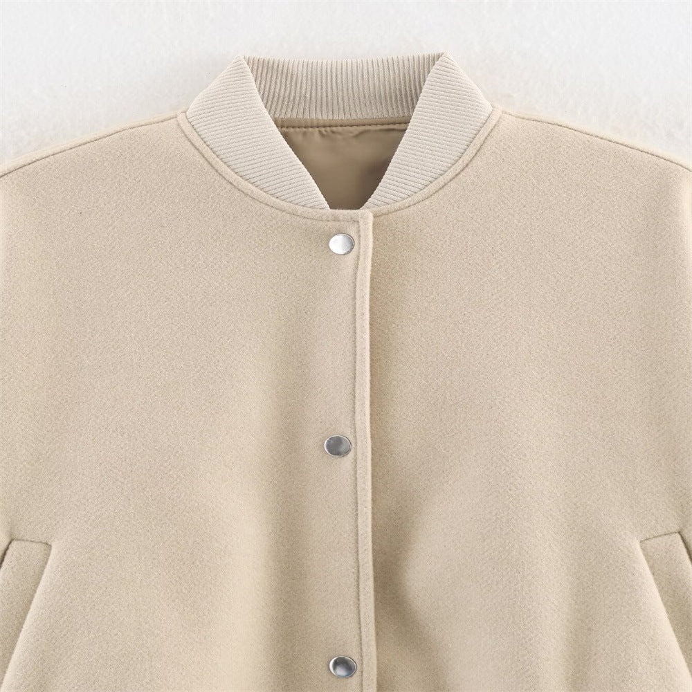Ladies short boxy bomber jacket with ribbed collar, snap button closure, and pockets Fashion Glam