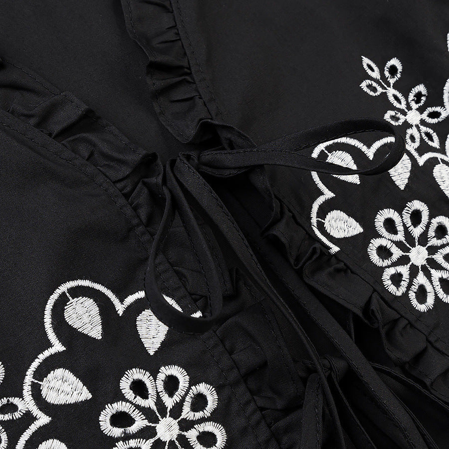 Women's short embroidered bolero jacket with ruffle collar and ties Fashion Glam