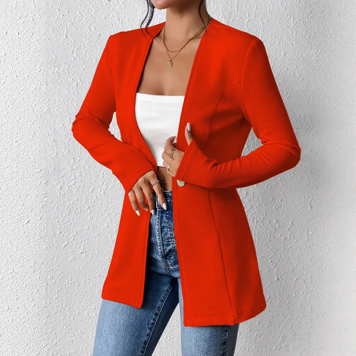 Ladies Tailored Long Blazer with V-Neck and One-Button Closure Fashion Glam