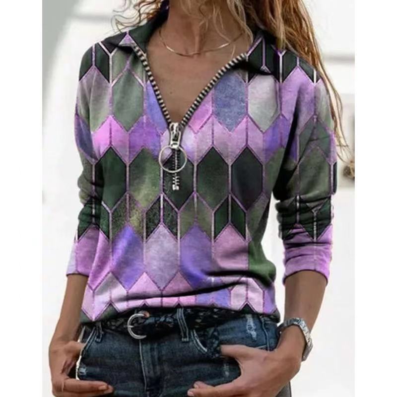 Women's zip pullover with polo collar, graphic diamond print and slim fit Fashion Glam