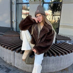Women's short jacket made of vegan high-pile faux fur with extra soft volume and open front Fashion Glam