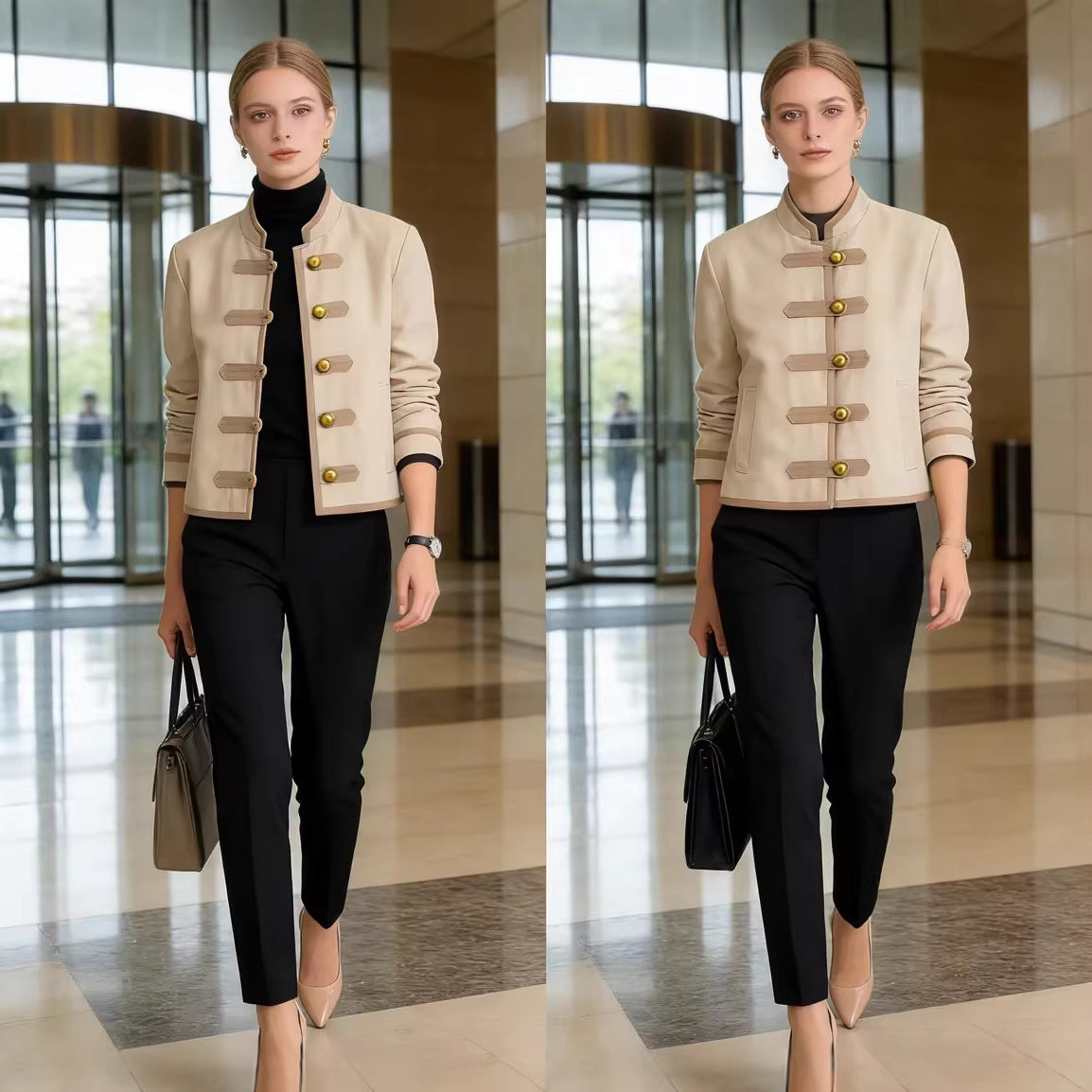 Ladies short jacket with mandarin collar and decorative toggle closures Fashion Glam
