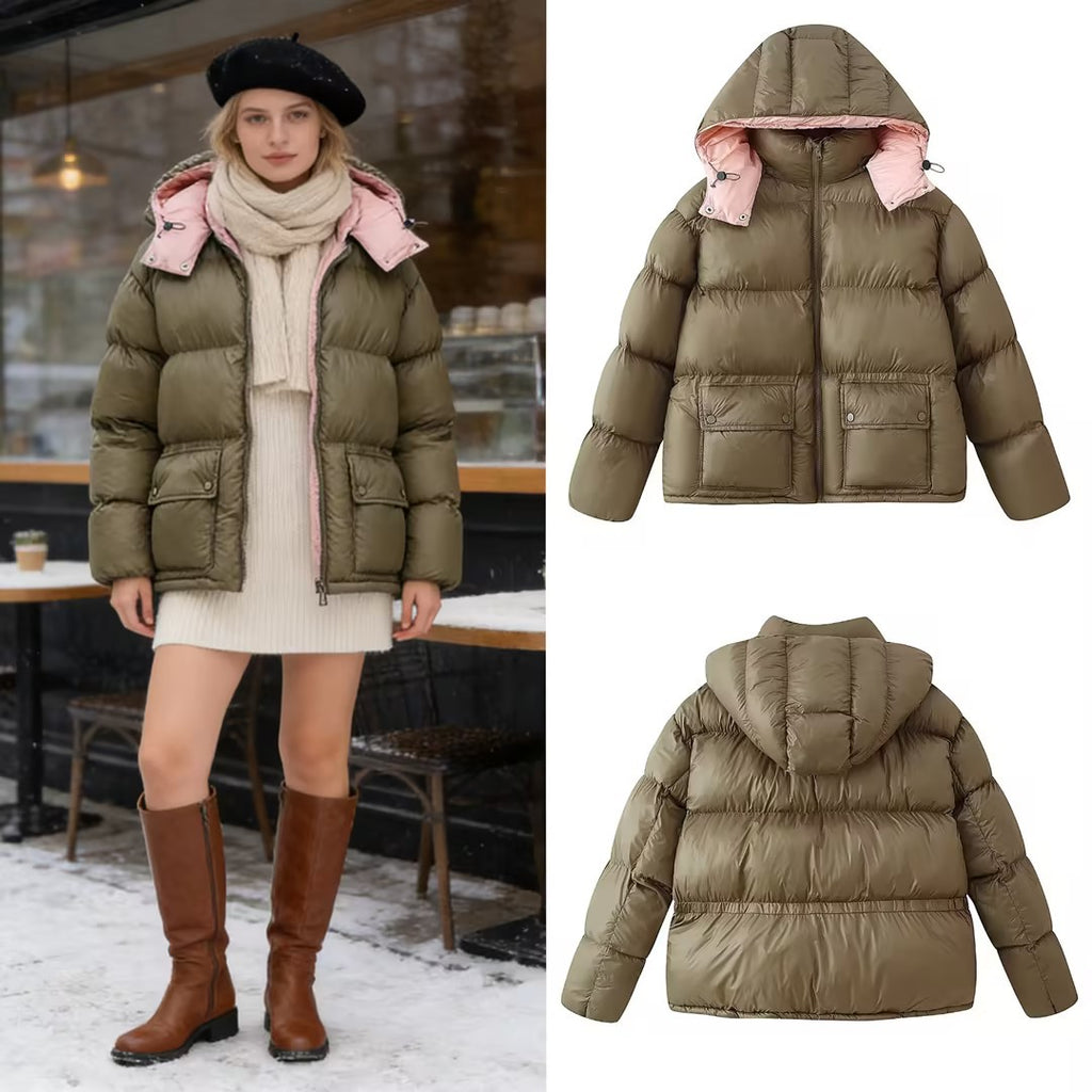 Women's Padded Quilted Jacket with XXL Hood and Flap Pockets Fashion Glam