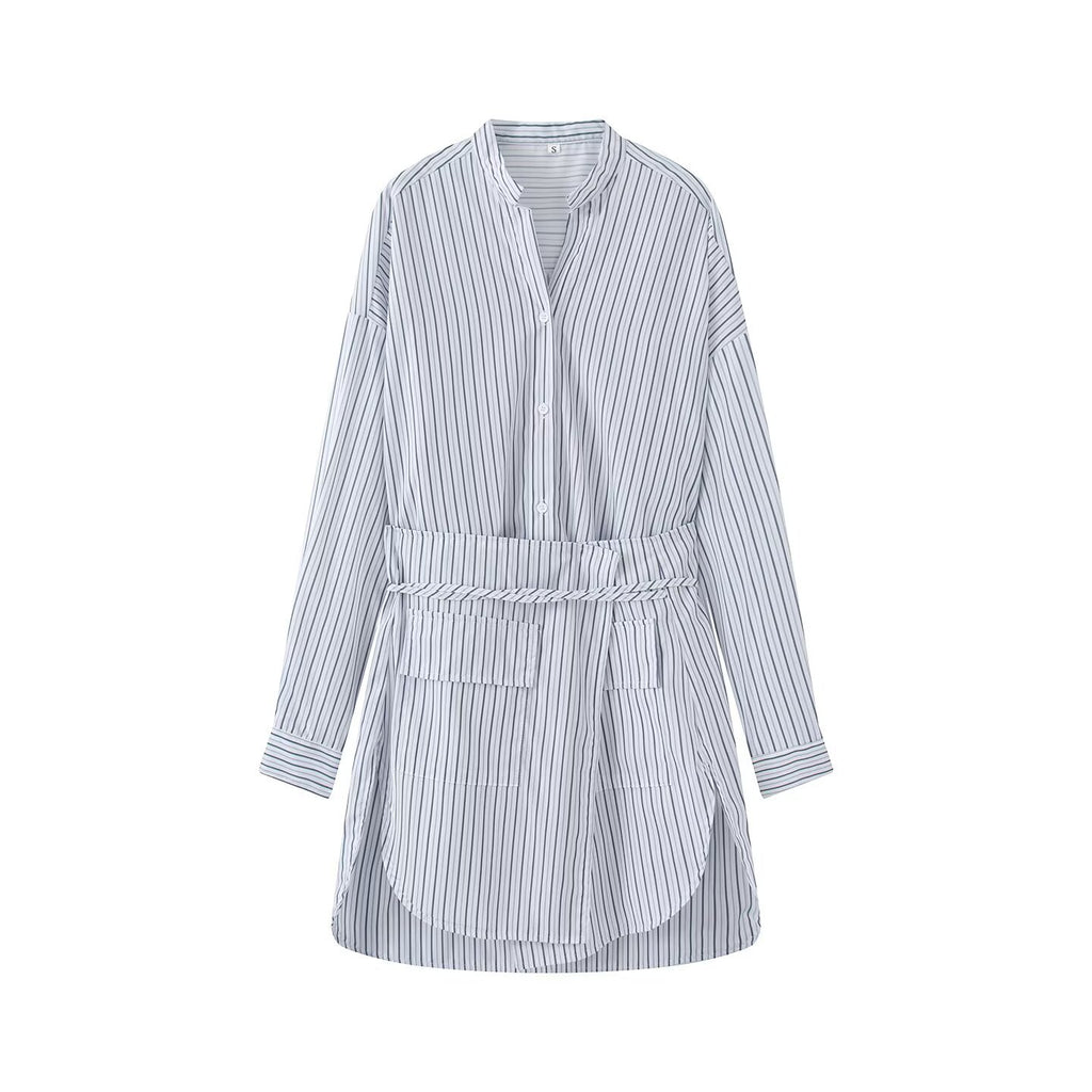 Women's shirt dress with belted waist, mandarin collar, and patch pockets Fashion Glam