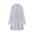 Women's shirt dress with belted waist, mandarin collar, and patch pockets Fashion Glam