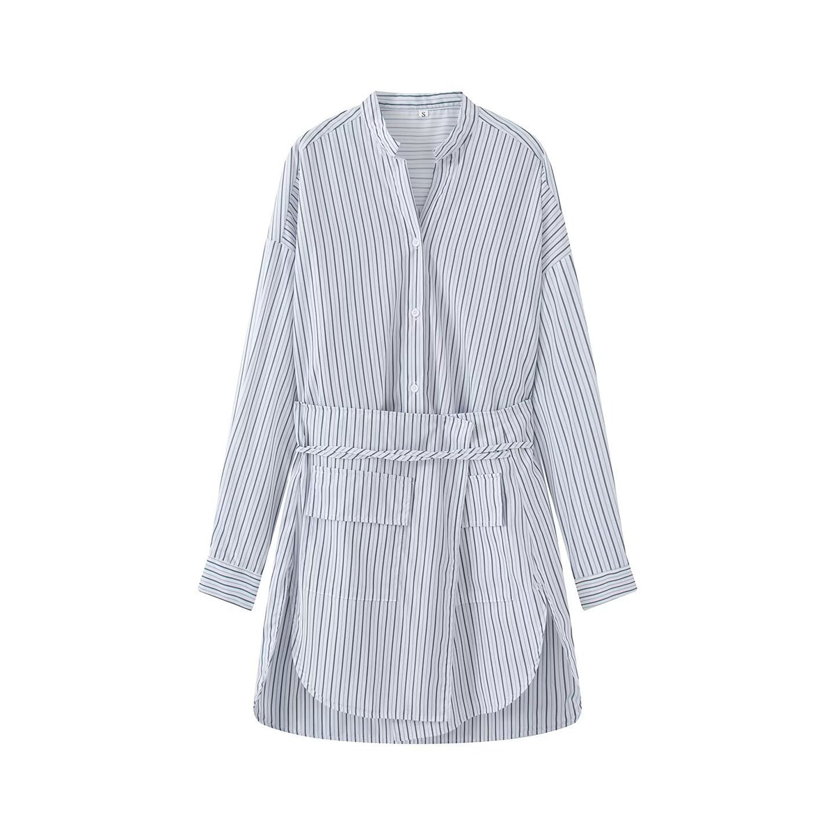 Women's shirt dress with belted waist, mandarin collar, and patch pockets Fashion Glam