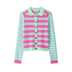 Women's Striped Short Knit Jacket with Polo Collar, Contrasting Button Placket and Ribbed Cuffs Fashion Glam