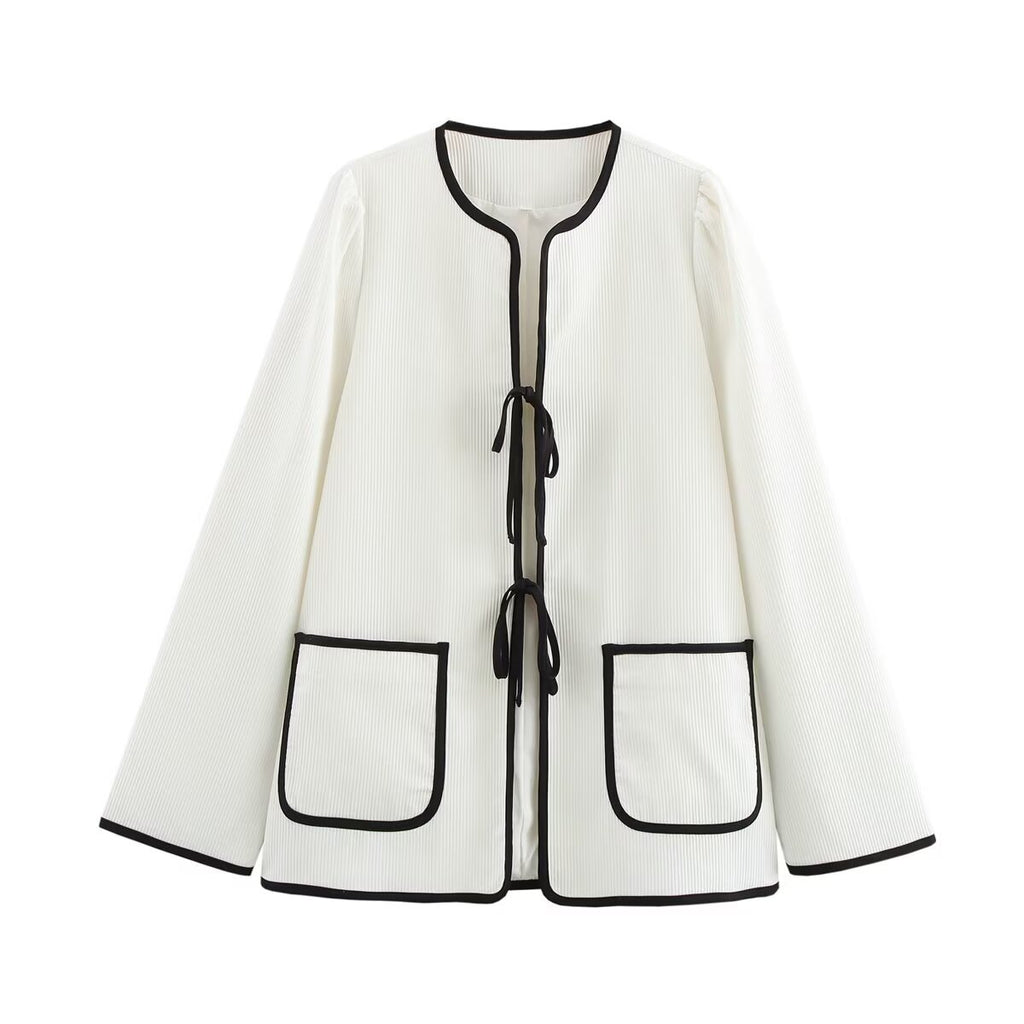 Women's Elegant Short Jacket without Collar with Contrast Piping, Ties and Patch Pockets Fashion Glam