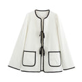 Women's Elegant Short Jacket without Collar with Contrast Piping, Ties and Patch Pockets Fashion Glam