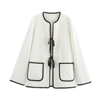 Women's Elegant Short Jacket without Collar with Contrast Piping, Ties and Patch Pockets Fashion Glam