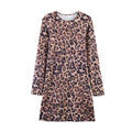 Women’s leopard print mini dress with round neckline, long sleeves, and A-line silhouette Fashion Glam