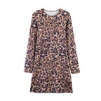 Women’s leopard print mini dress with round neckline, long sleeves, and A-line silhouette Fashion Glam