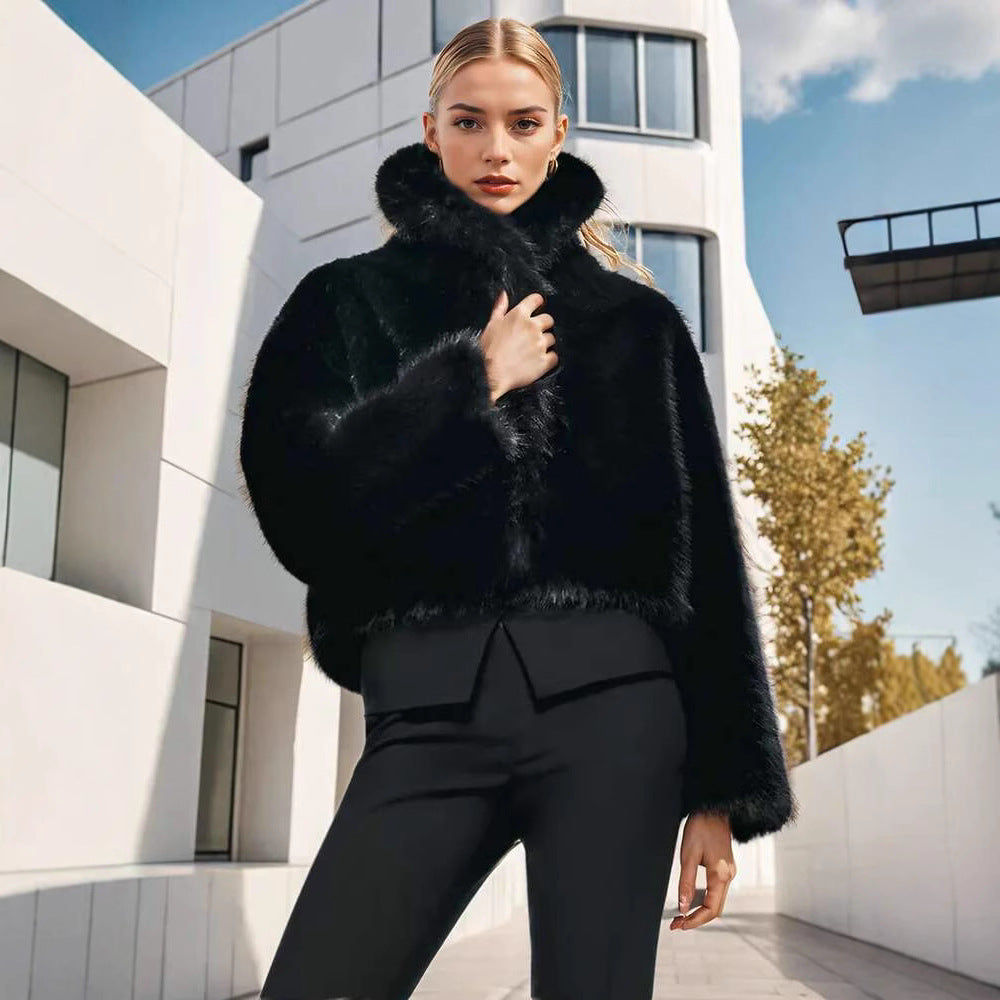 Women's Short Hooded Faux Fur Jacket with Dense Pile, Boxy Silhouette and Elastic Hem Fashion Glam