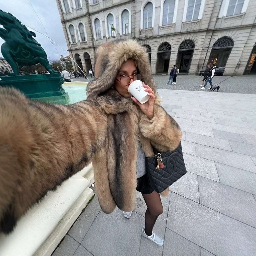 Women's Luxury Faux Fur Coat with A-Line Cut, Hood, and Microfiber Lining Fashion Glam