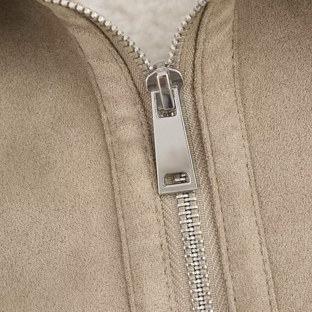 Women's short-cut faux suede bomber jacket with teddy lining, zip and ribbed cuffs Fashion Glam