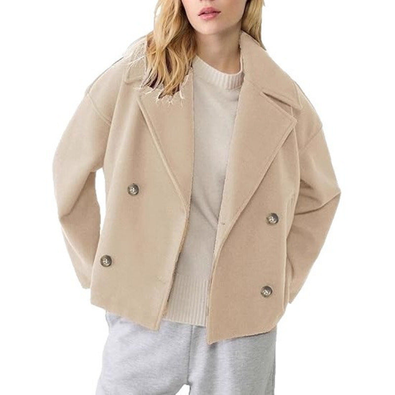 Women's Short Double-Breasted Wool Blend Peacoat with Oversized Lapels Fashion Glam