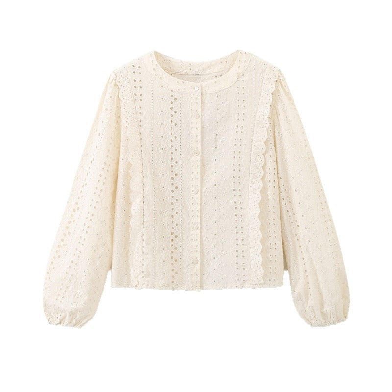 Ladies Broderie Anglaise Cotton Blouse with Ruffle Trim and Balloon Sleeves Fashion Glam