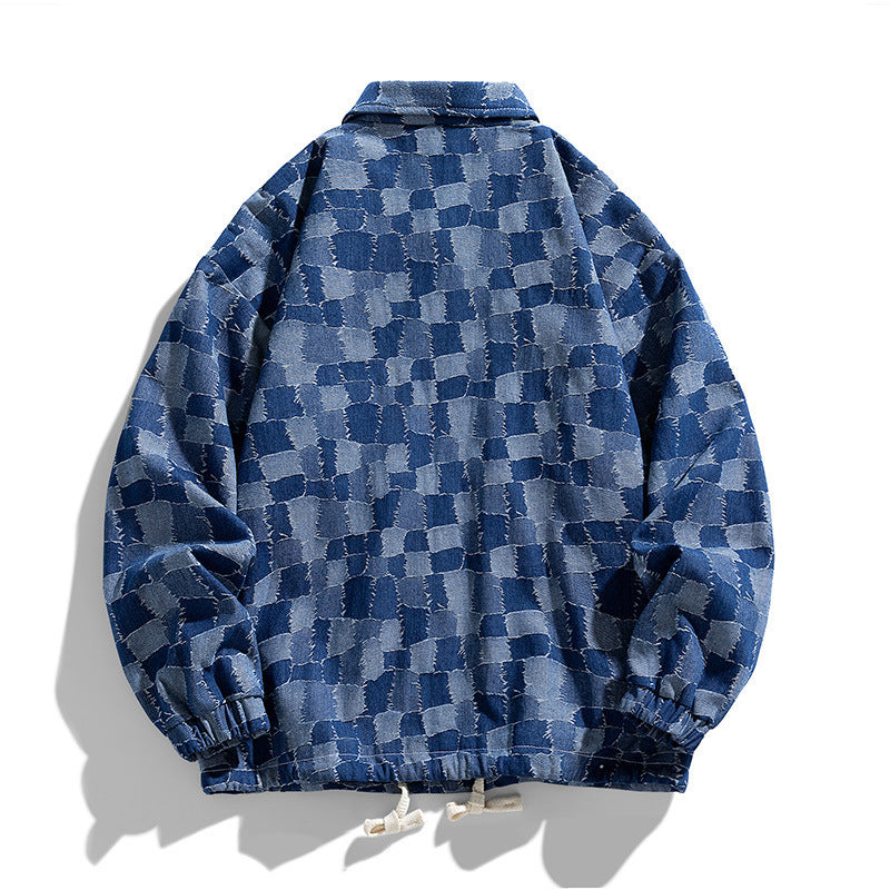 Men's oversized checkered denim jacket with snap buttons, flap pockets, and drawstring Fashion Glam