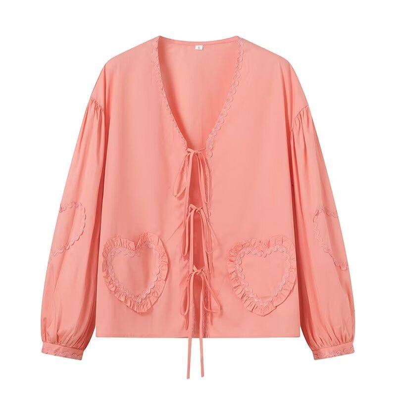 Ladies Playful V-Neck Blouse with Ruffled Heart Pockets and Front Ties Fashion Glam