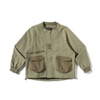 Unisex Lightweight Boxy Field Jacket without Collar with Raglan Sleeves, Patch Flap Pockets and Drawstring Fashion Glam
