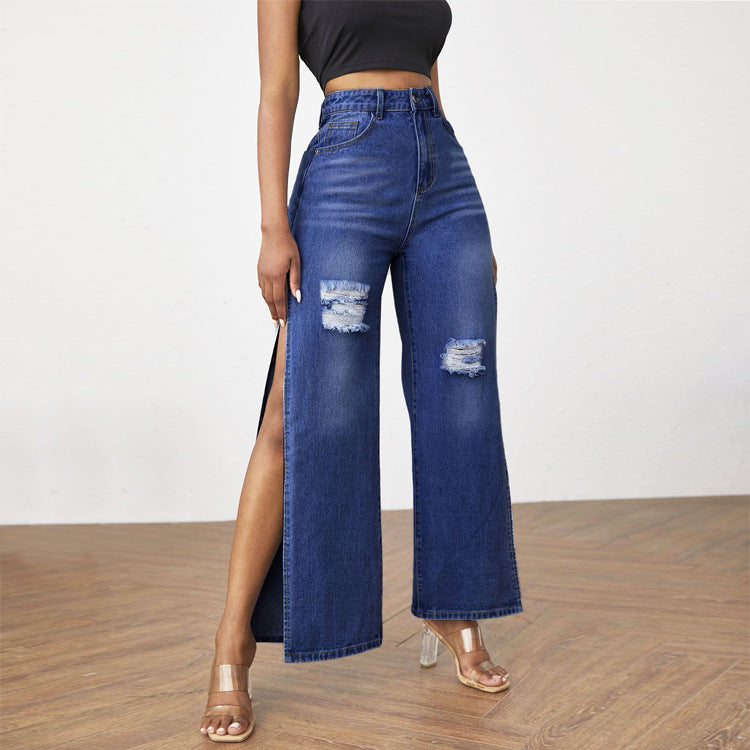 Women's high-cut jeans with wide leg, knee rips, and side leg slits Fashion Glam