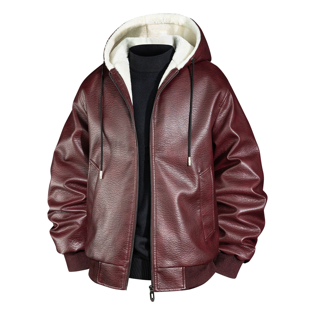 Men's leather bomber jacket with teddy lining and hood Fashion Glam