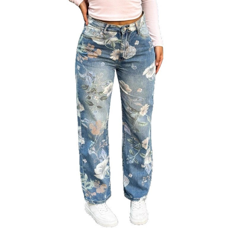 Women High-Waist Straight Jeans with floral print and relaxed fit Fashion Glam