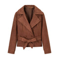 Women's short jacket made of faux suede with waist belt and double-breasted button placket Fashion Glam
