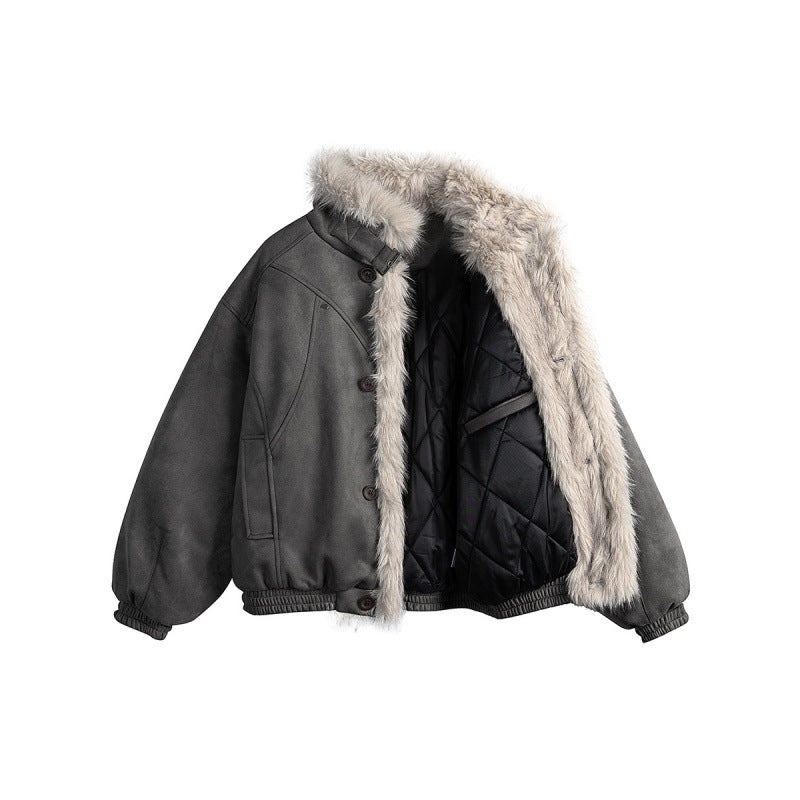 Women's short-cut bomber jacket in lambskin look with high stand-up collar and faux fur trim Fashion Glam